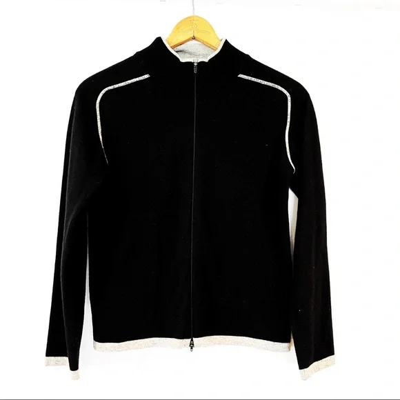 Cashmere and Silk Black Zip Front Sweater Black Gray Small Made in Italy - Picture 2 of 9